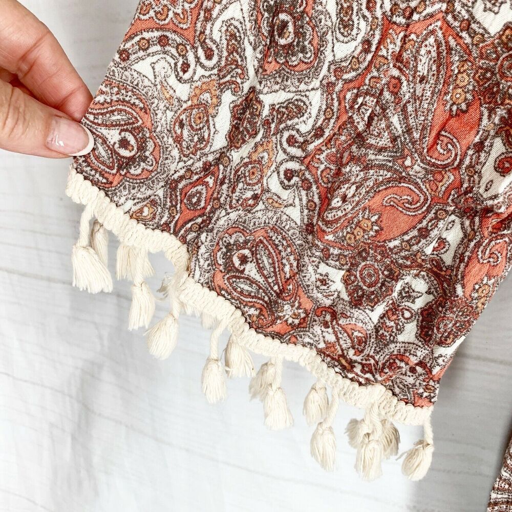 Paper Doll Blouse L Fringed Ivory Coral Paisley Elastic Neckline Tassel Fringe - Picture 2 of 5
